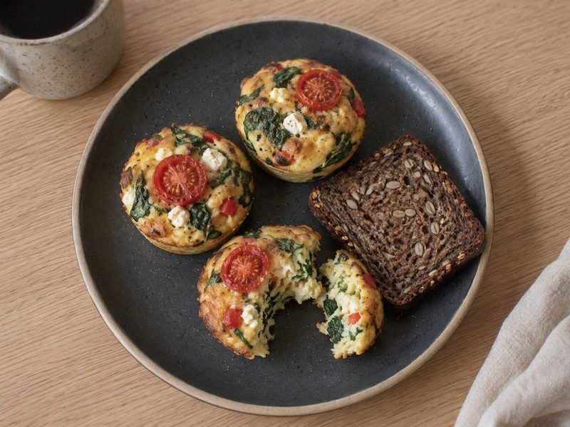 Æggemuffins med spinat, peberfrugt og feta på en mørk tallerken, set ovenfra
