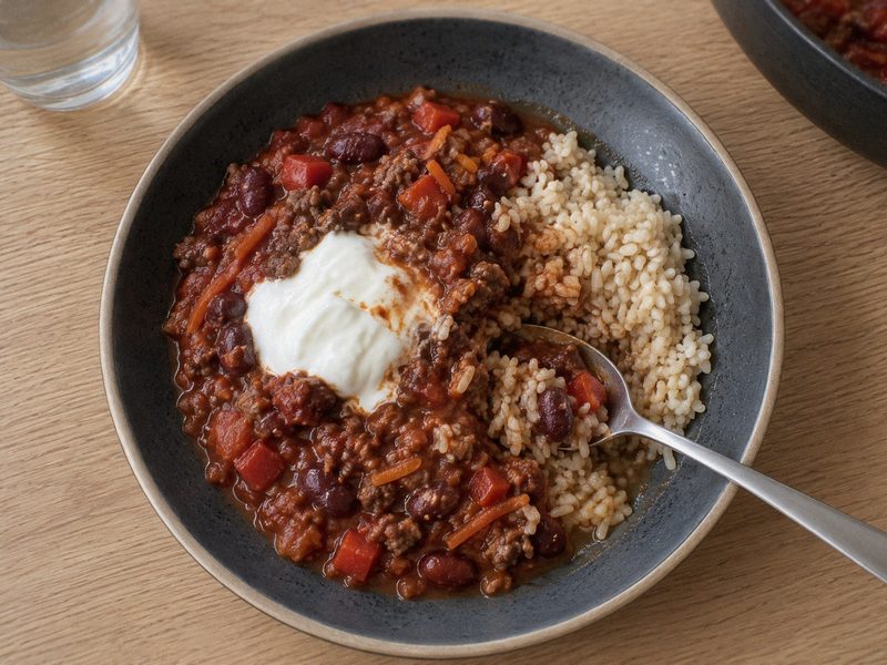 Chili con carne halv-og-halv med bønner på en mørk tallerken, set ovenfra