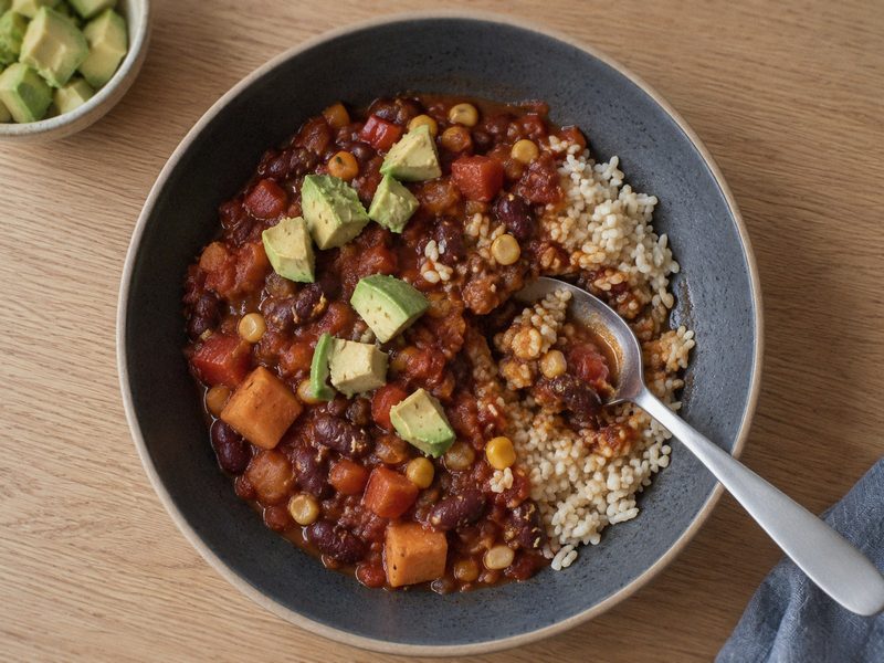Chili sin carne med søde kartofler på en mørk tallerken, set ovenfra