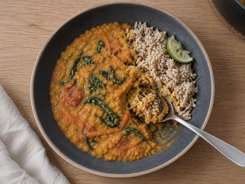 Dhal med røde linser og spinat på en mørk tallerken, set ovenfra