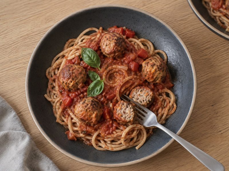 Kyllingekødboller i tomatsovs med fuldkornsspaghetti på en mørk tallerken, set ovenfra