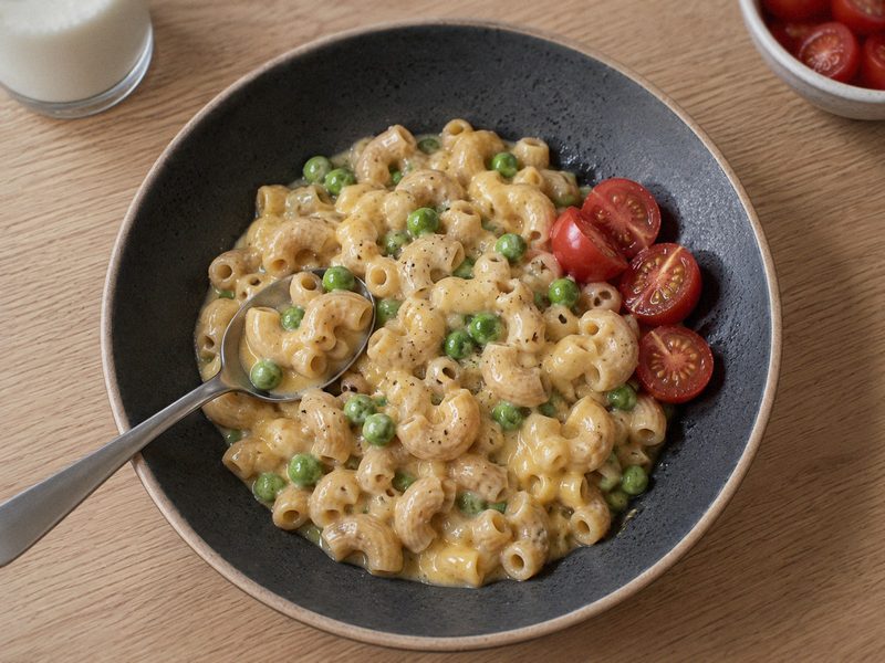 Mac and cheese med skjult blomkål og fuldkornspasta på en mørk tallerken, set ovenfra