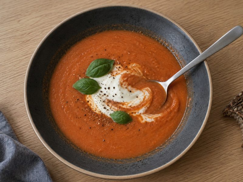 Tomatsuppe med røde linser på en mørk tallerken, set ovenfra