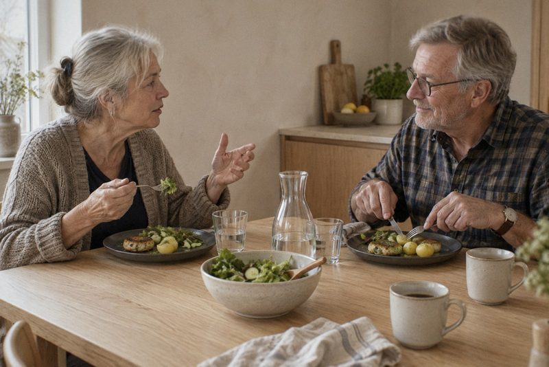 Et ældre par spiser aftensmad sammen ved køkkenbordet