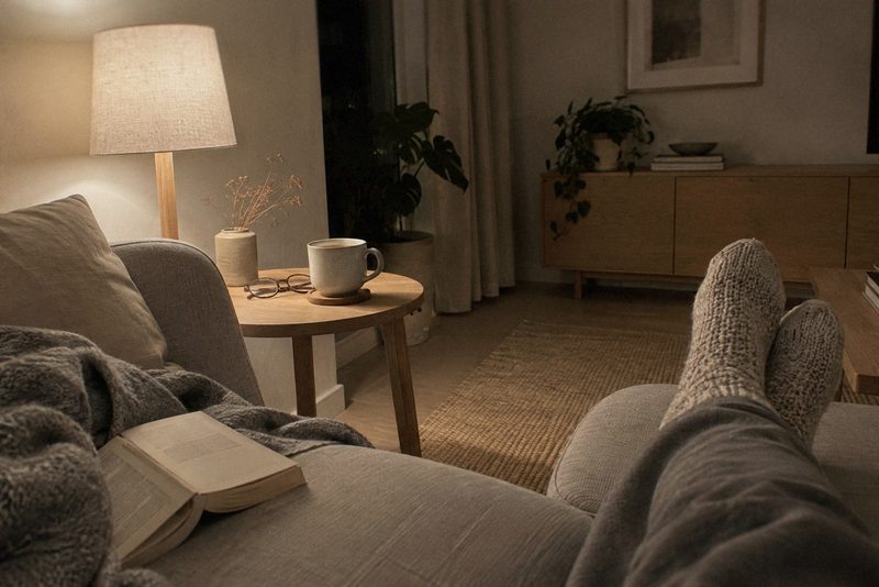 Fødder i uldsokker på sofaen i en rolig stue med en bog og en tændt lampe