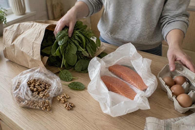 Indkøb pakkes ud på køkkenbordet: laks, spinat, valnødder og æg