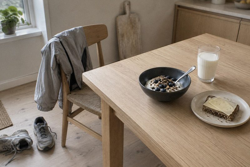 Morgenmad med havregrød, rugbrød og et glas mælk på køkkenbordet og et par løbesko på gulvet