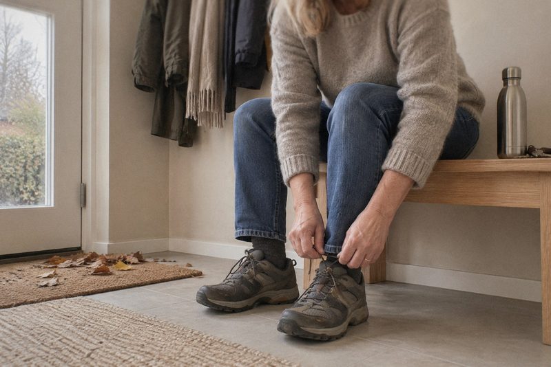En person snører sine vandresko i entréen