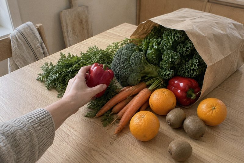 En pose med peberfrugt, broccoli, gulerødder og appelsiner pakkes ud på køkkenbordet